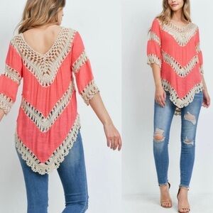 UMGEE Women’s Boho Chic Coral crocheted Hollow Out Asymmetrical-Hem Top Tunic S